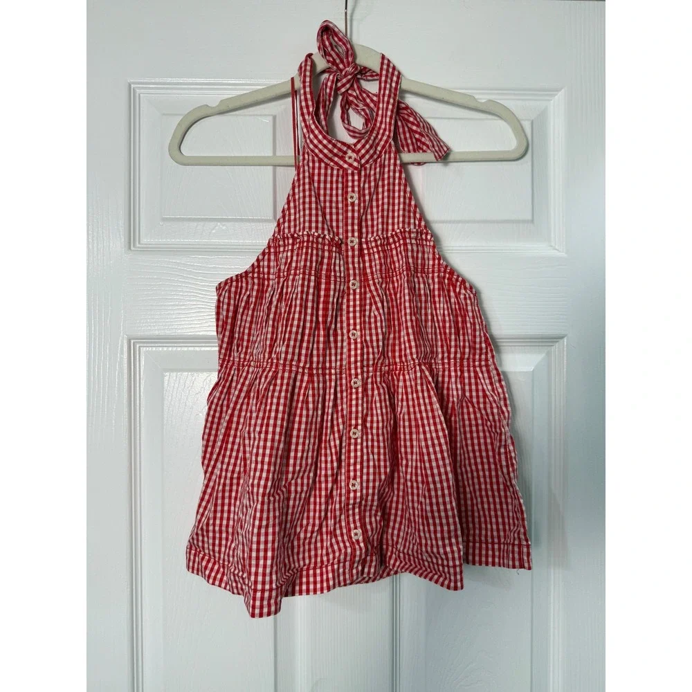 Free People Take It Easy Gingham Halter Top Size XS Red Excellent Open Back